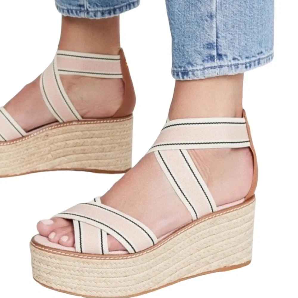 Tory Burch Pink Blush Frieda Espadrille Wedge Sandals Shoes size 7